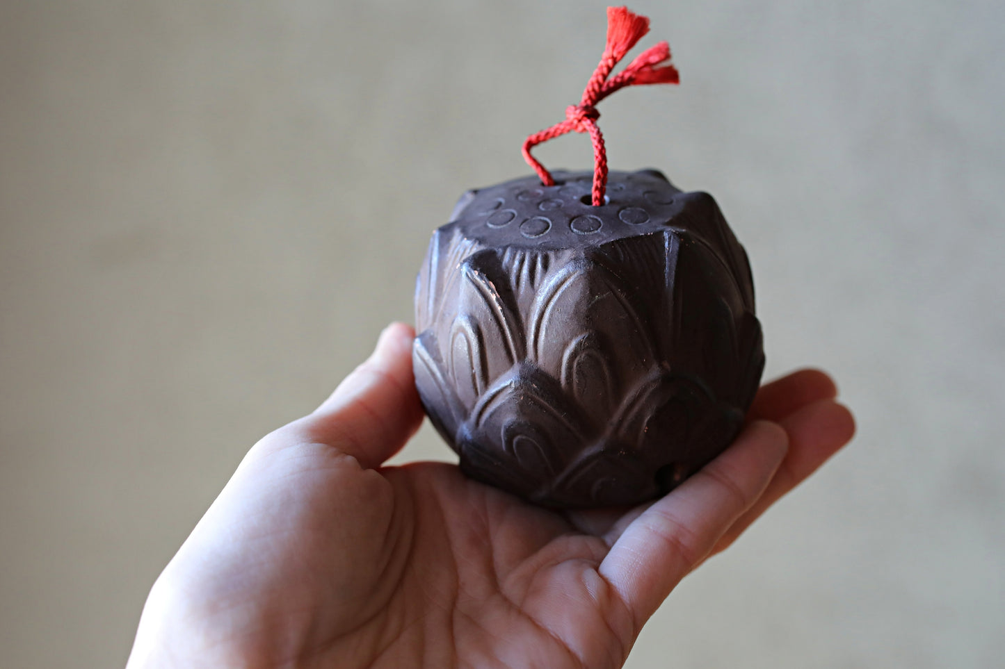 Japanese Pottery Bell, House Amulet Lotus Flower, Vintage Ornament