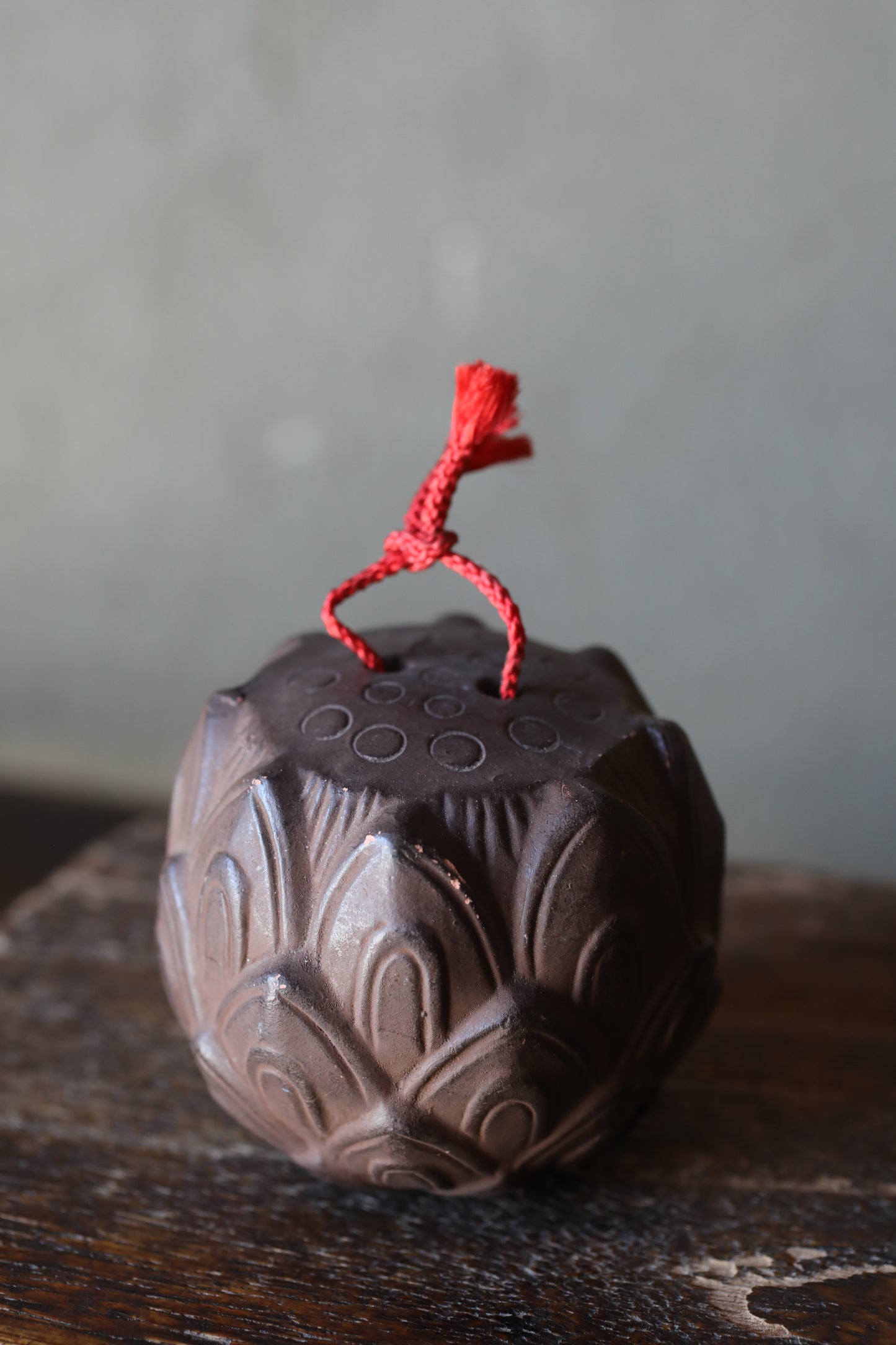 Japanese Pottery Bell, House Amulet Lotus Flower, Vintage Ornament