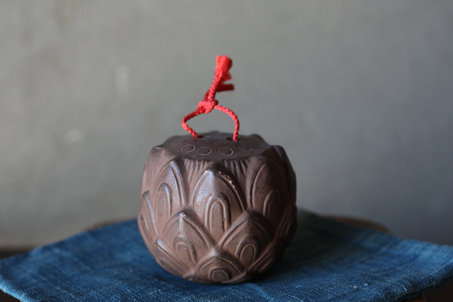 Japanese Pottery Bell, House Amulet Lotus Flower, Vintage Ornament