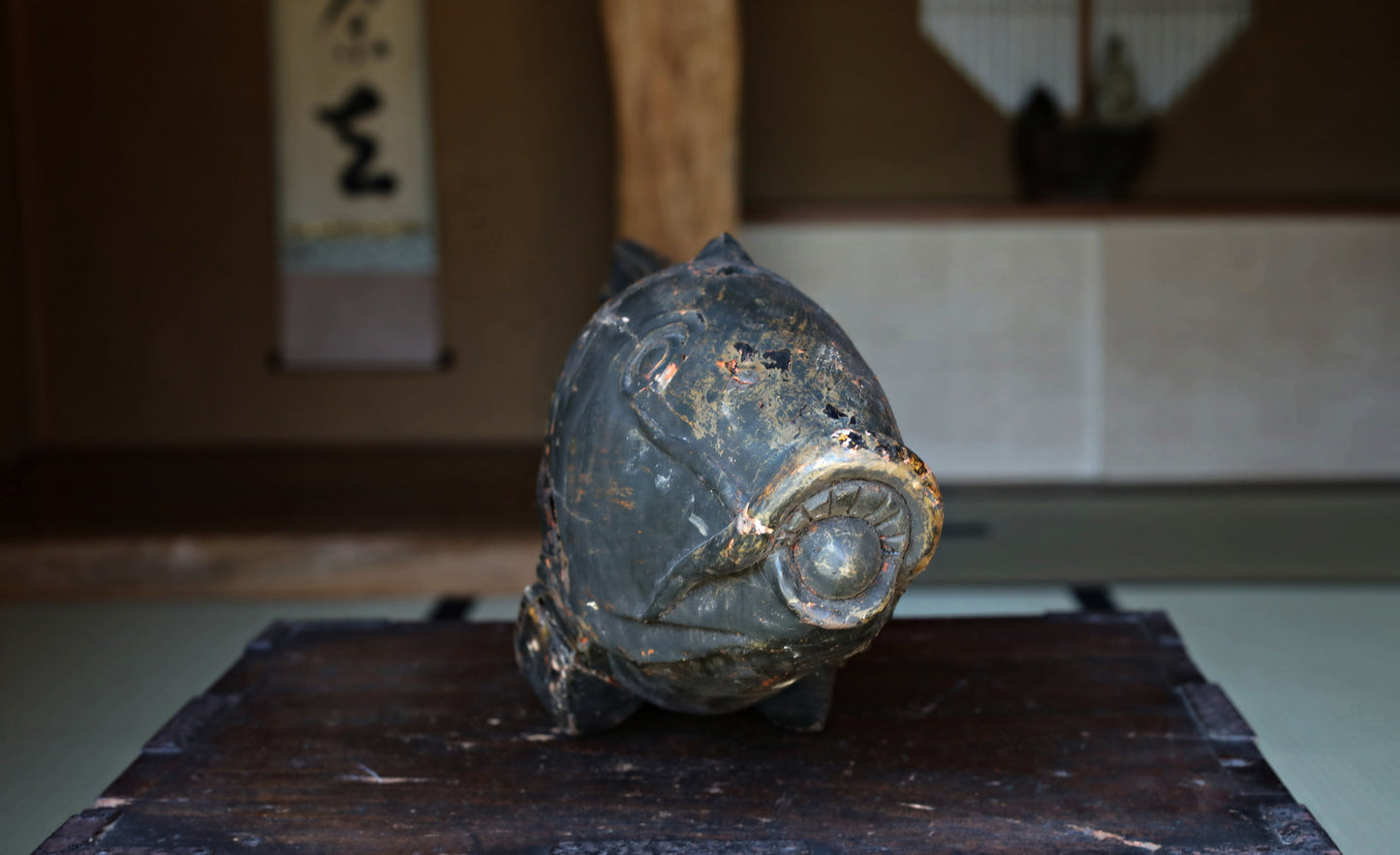 Large Wooden Fish, Japanese Antique Mingei, Irori Jizai Hook