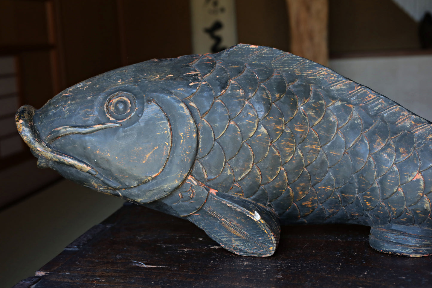 Large Wooden Fish, Japanese Antique Mingei, Irori Jizai Hook