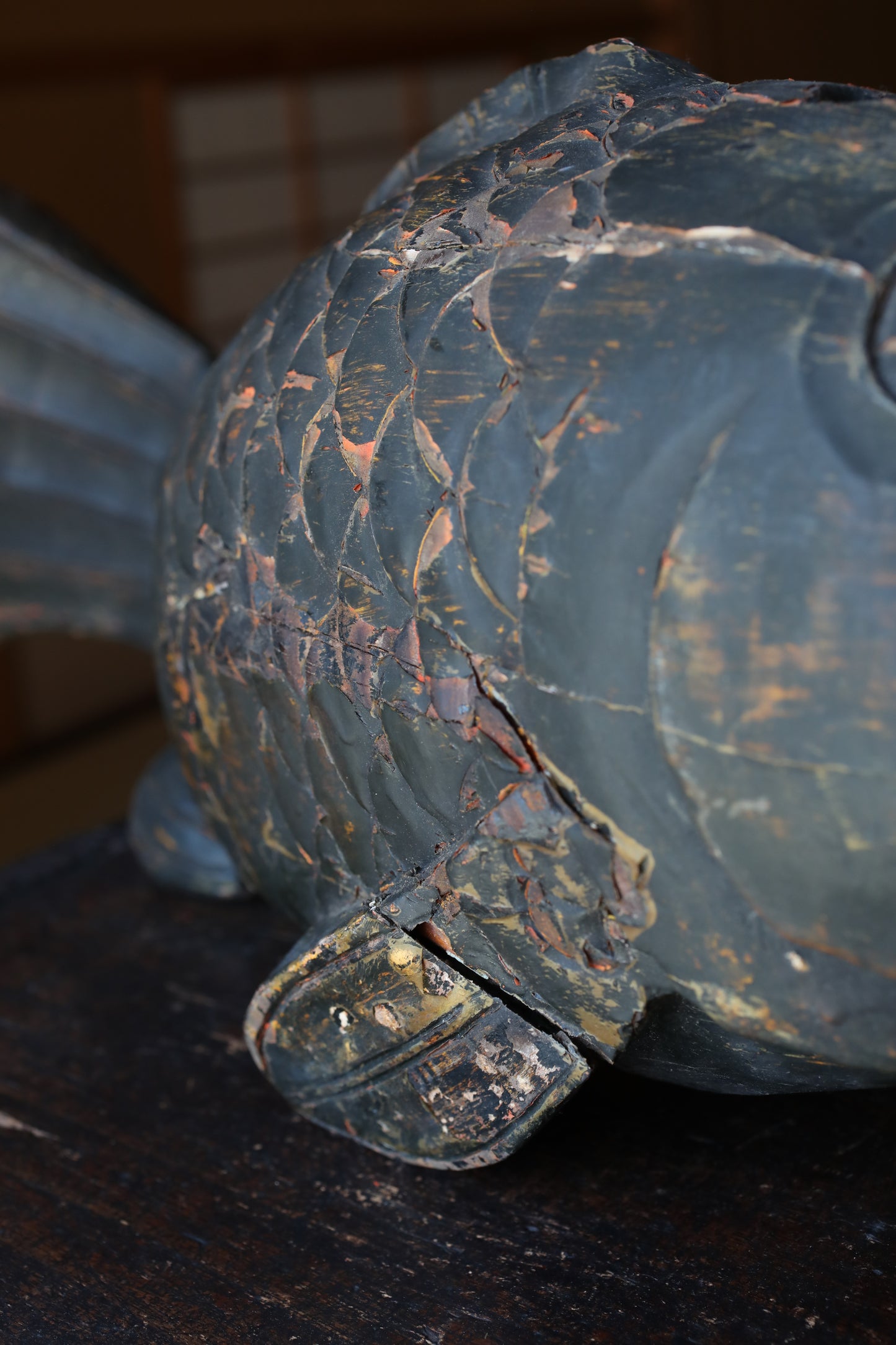 Large Wooden Fish, Japanese Antique Mingei, Irori Jizai Hook