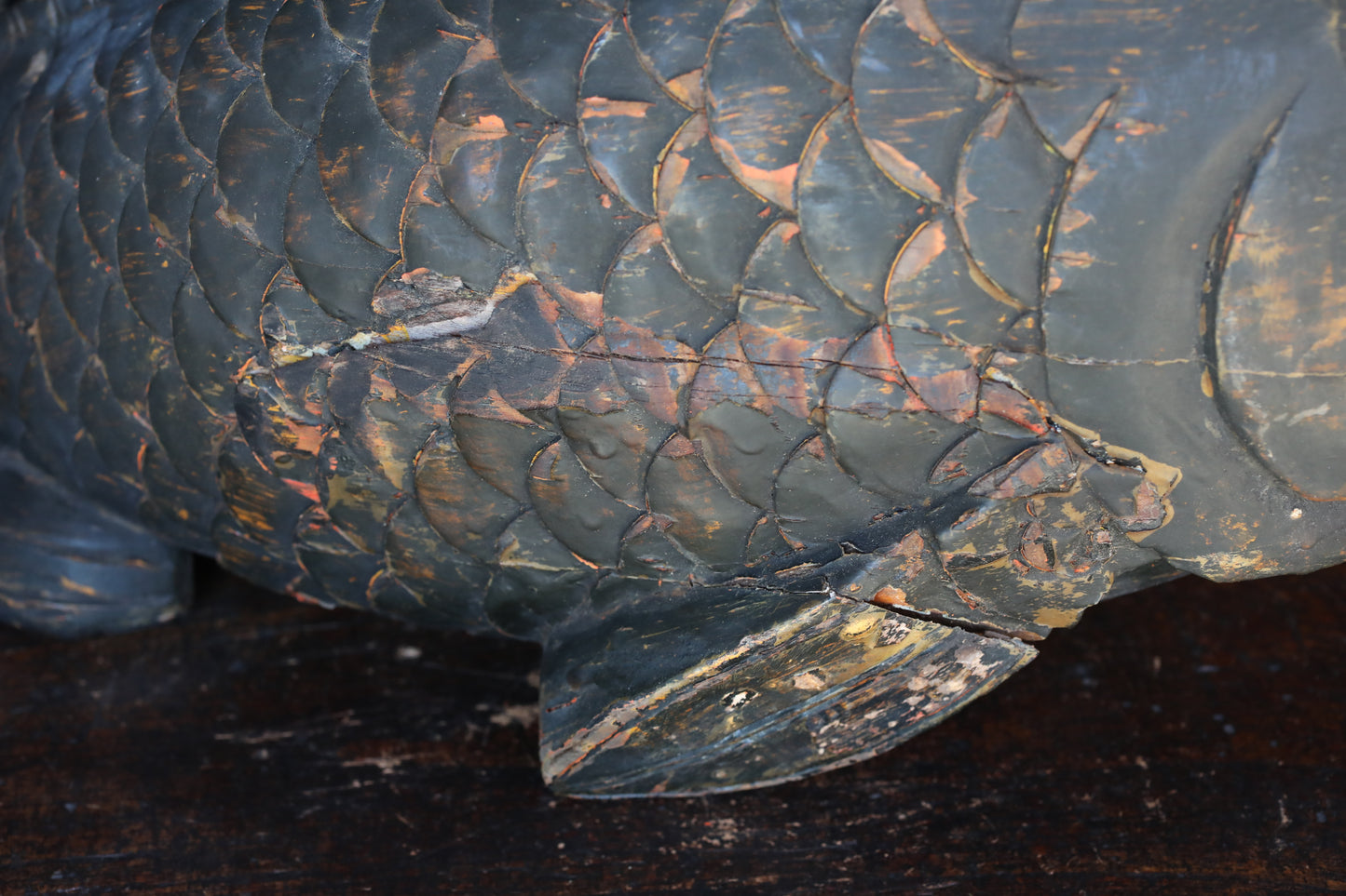 Large Wooden Fish, Japanese Antique Mingei, Irori Jizai Hook