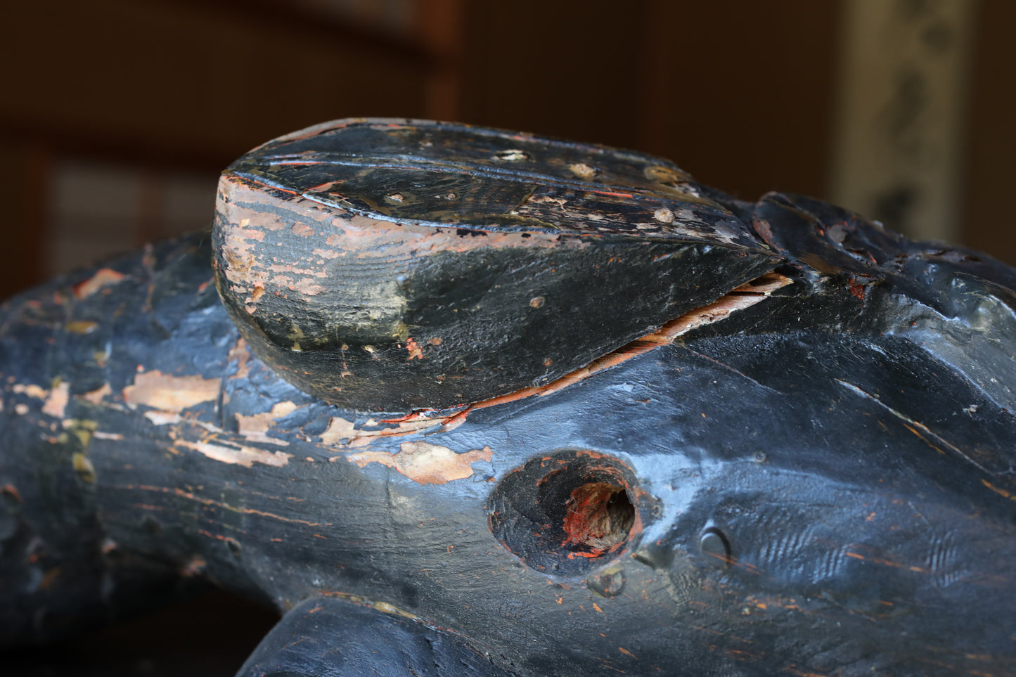 Large Wooden Fish, Japanese Antique Mingei, Irori Jizai Hook