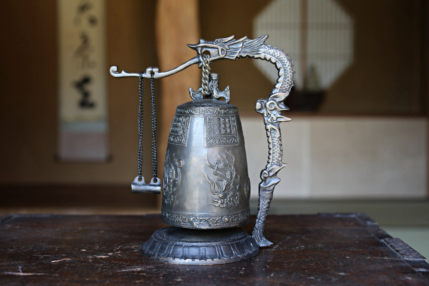 Vintage Japanese Bronze Temple Bell, Dragon Stand, Buddhist Instrument (H8.7in/H22cm)