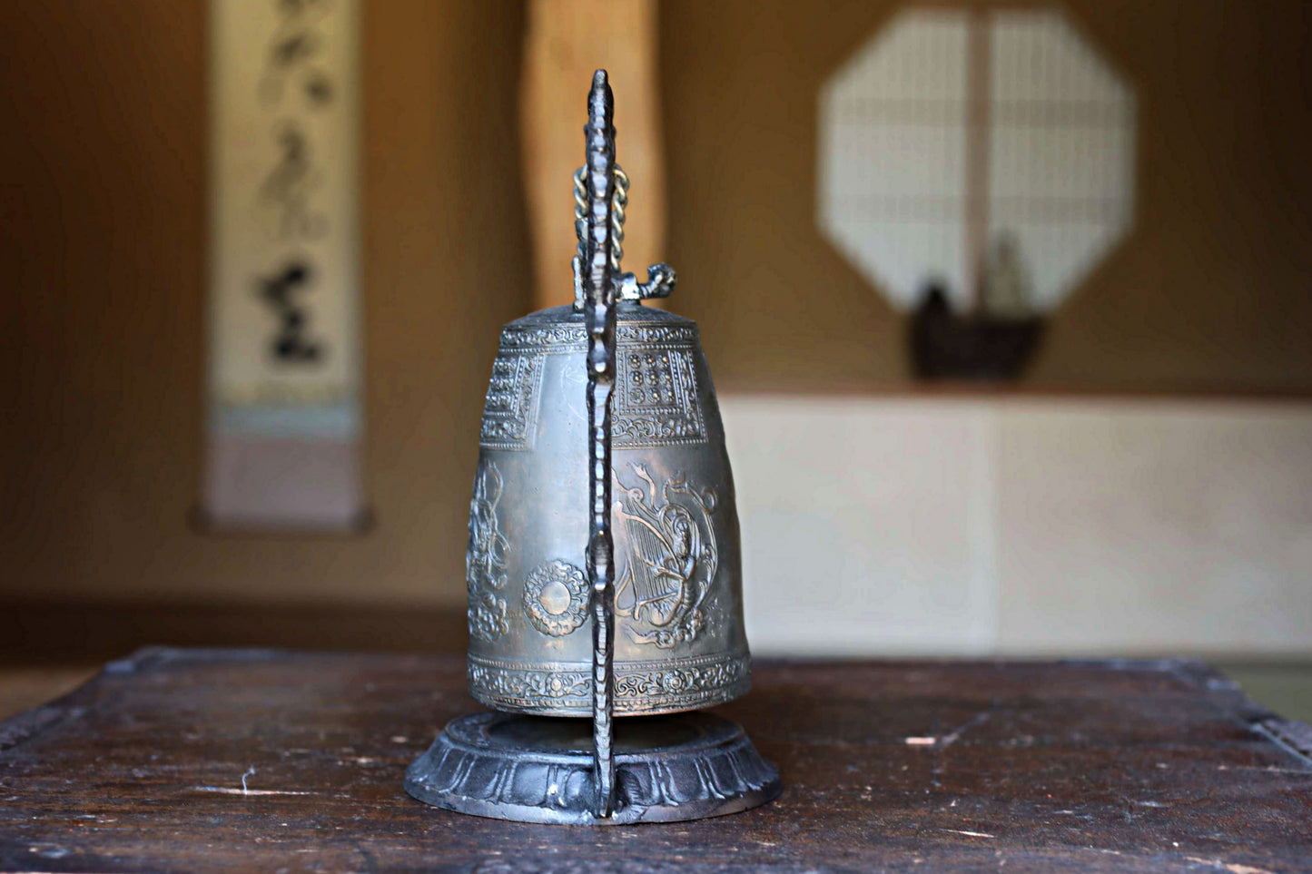 Vintage Japanese Bronze Temple Bell, Dragon Stand, Buddhist Instrument (H8.7in/H22cm)