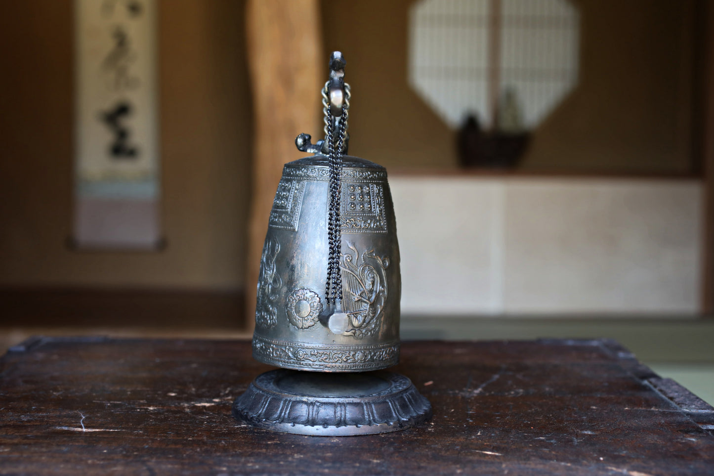 Vintage Japanese Bronze Temple Bell, Dragon Stand, Buddhist Instrument (H8.7in/H22cm)