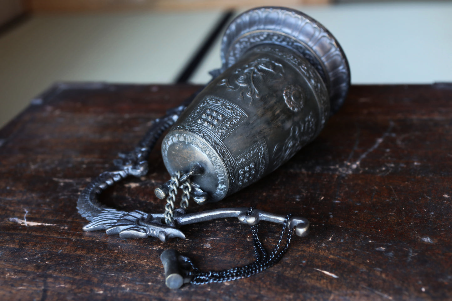 Vintage Japanese Bronze Temple Bell, Dragon Stand, Buddhist Instrument (H8.7in/H22cm)