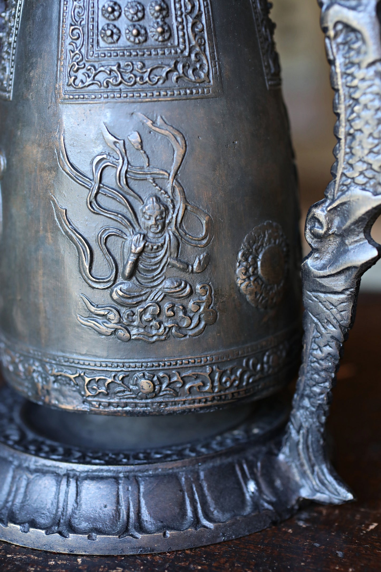 Vintage Japanese Bronze Temple Bell, Dragon Stand, Buddhist Instrument (H8.7in/H22cm)