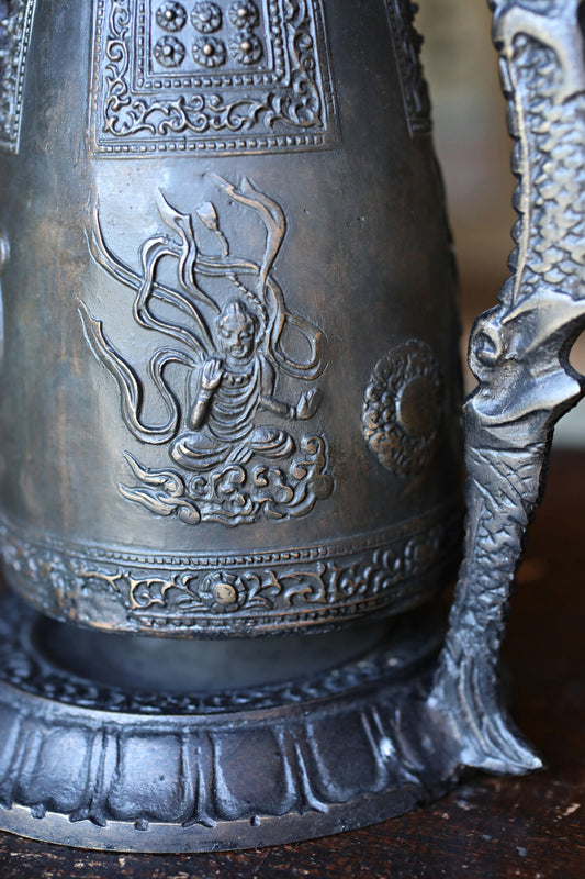Vintage Japanese Bronze Temple Bell, Dragon Stand, Buddhist Instrument (H8.7in/H22cm)