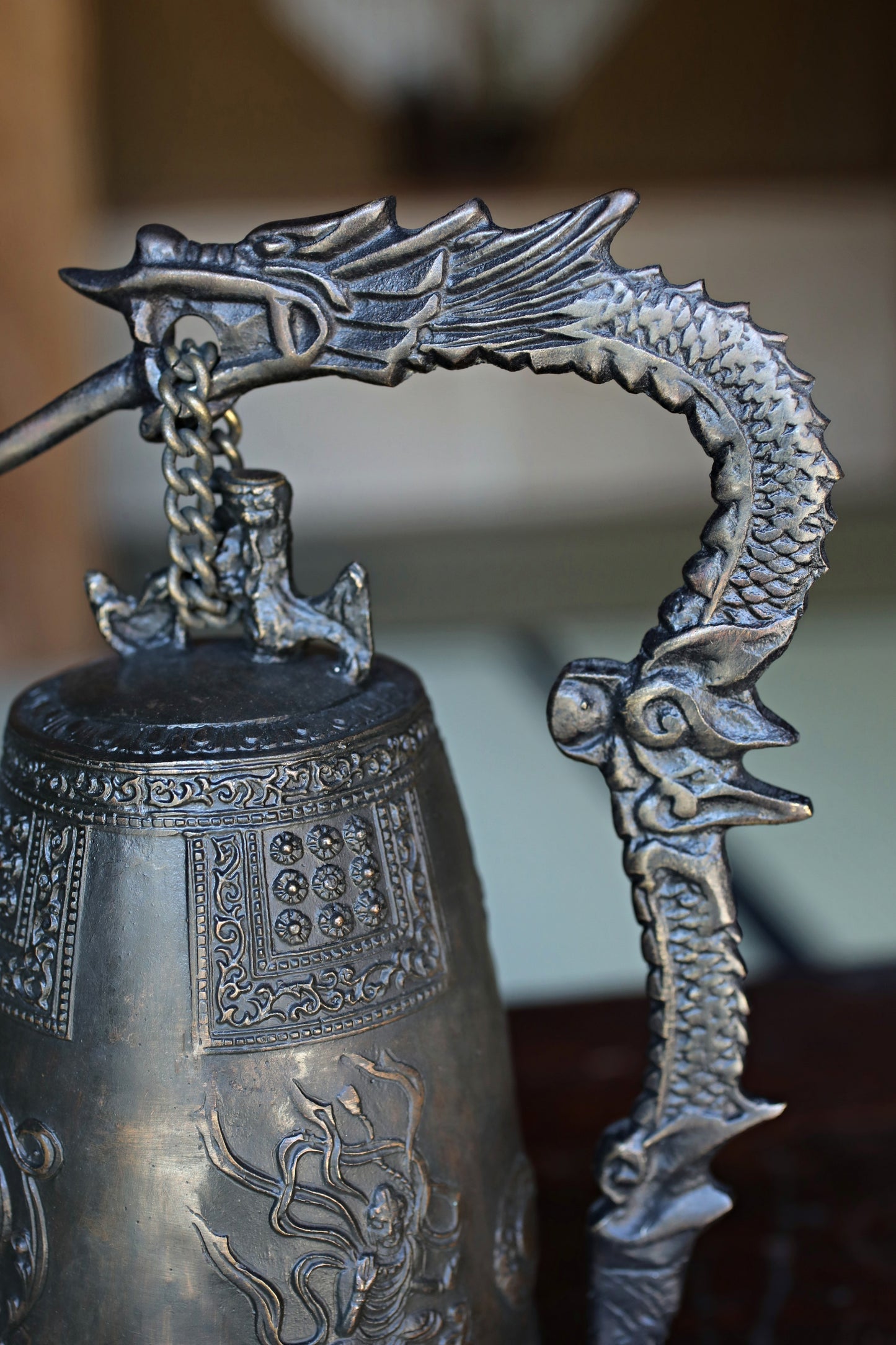 Vintage Japanese Bronze Temple Bell, Dragon Stand, Buddhist Instrument (H8.7in/H22cm)