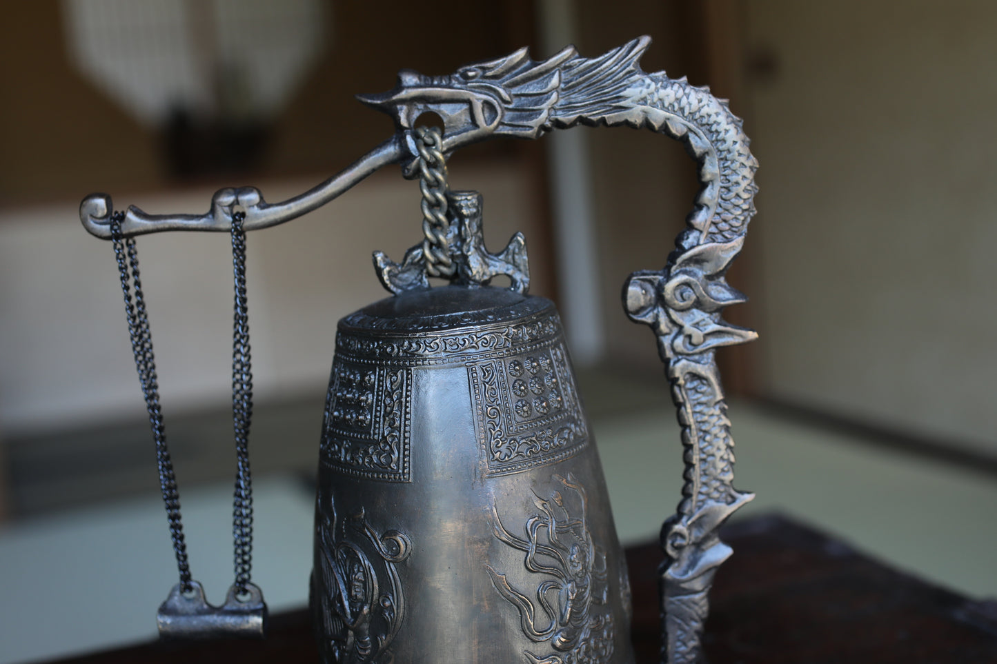 Vintage Japanese Bronze Temple Bell, Dragon Stand, Buddhist Instrument (H8.7in/H22cm)