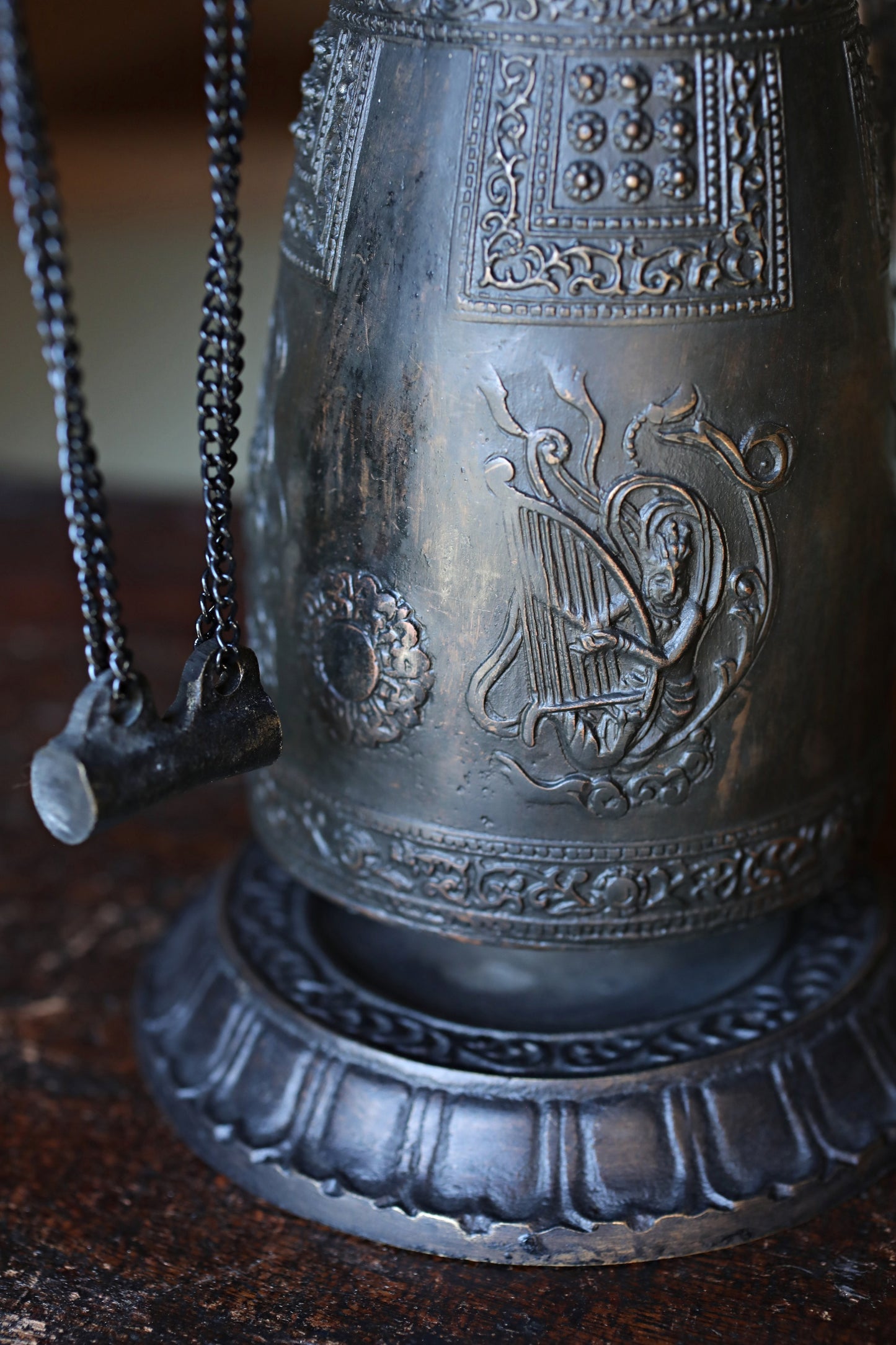 Vintage Japanese Bronze Temple Bell, Dragon Stand, Buddhist Instrument (H8.7in/H22cm)