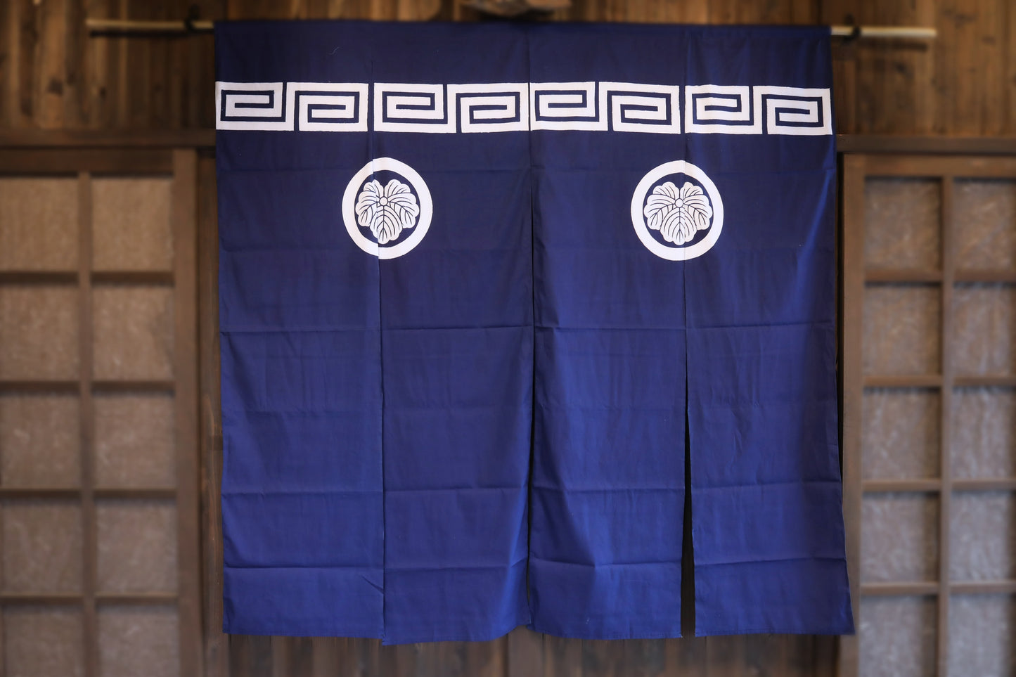 Noren- Japanese vintage curtain screen with crest, blue Japandi interior H68.1in/H173cm