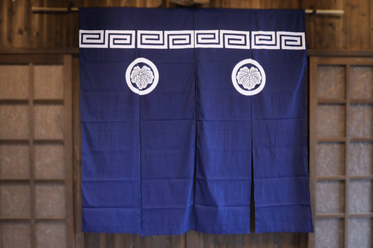 Noren- Japanese vintage curtain screen with crest, blue Japandi interior H68.1in/H173cm
