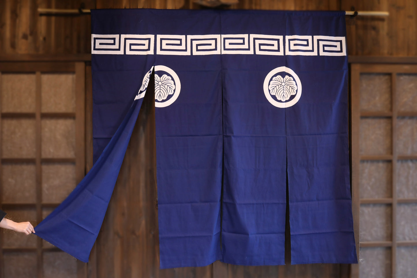 Noren- Japanese vintage curtain screen with crest, blue Japandi interior H68.1in/H173cm