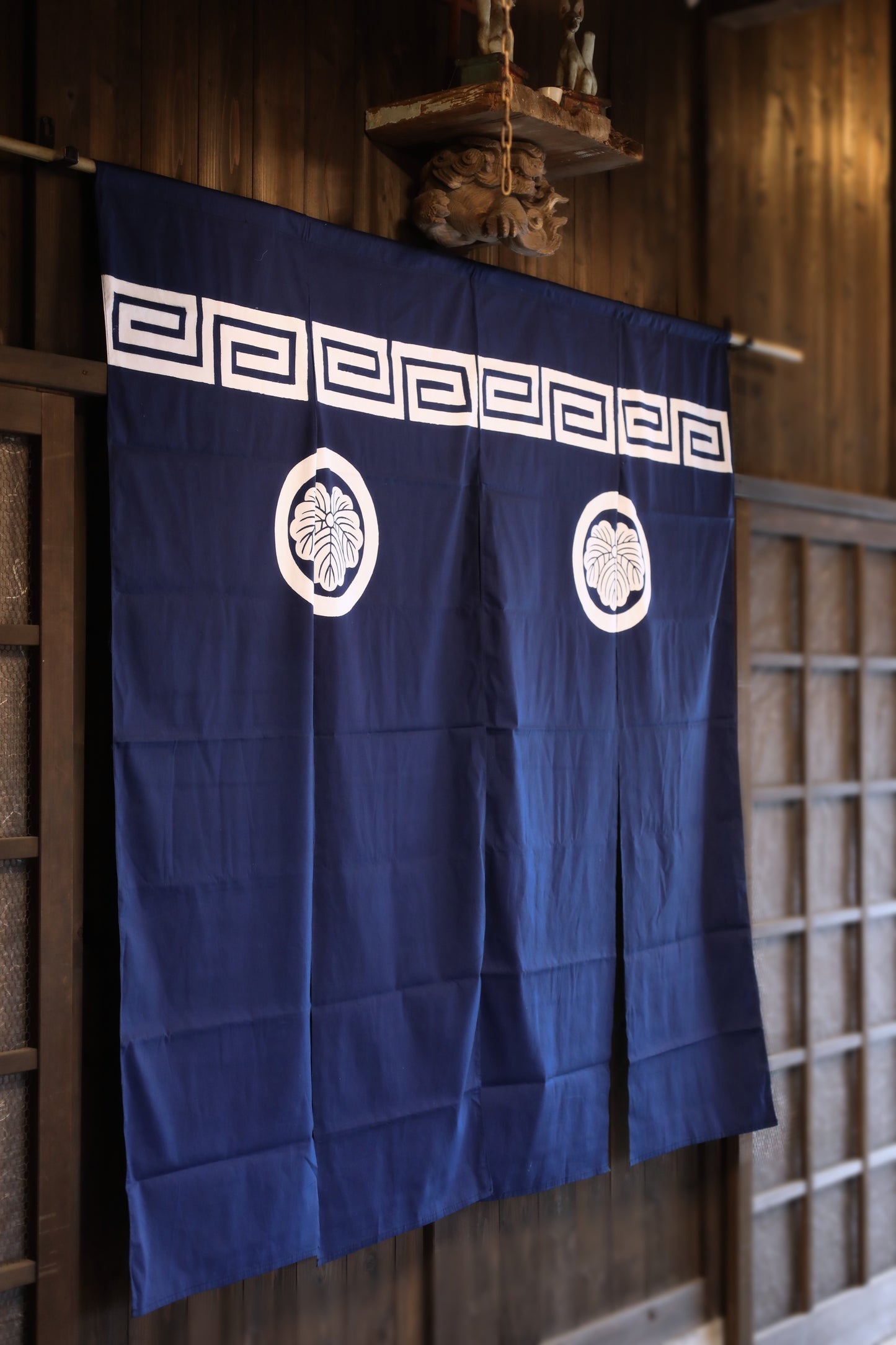 Noren- Japanese vintage curtain screen with crest, blue Japandi interior H68.1in/H173cm