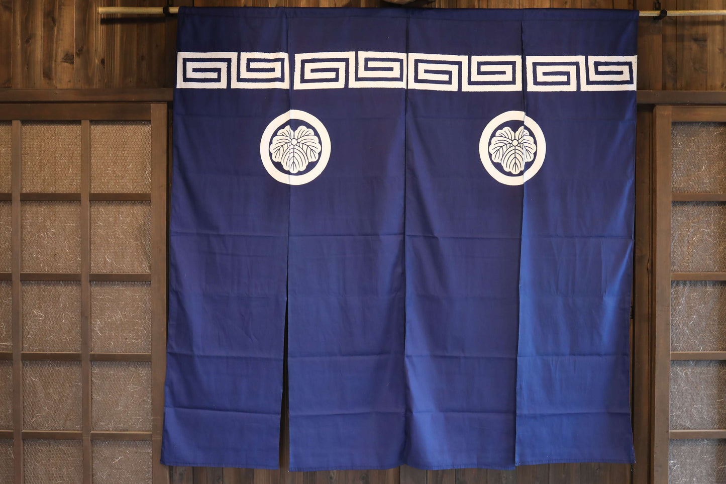 Noren- Japanese vintage curtain screen with crest, blue Japandi interior H68.1in/H173cm