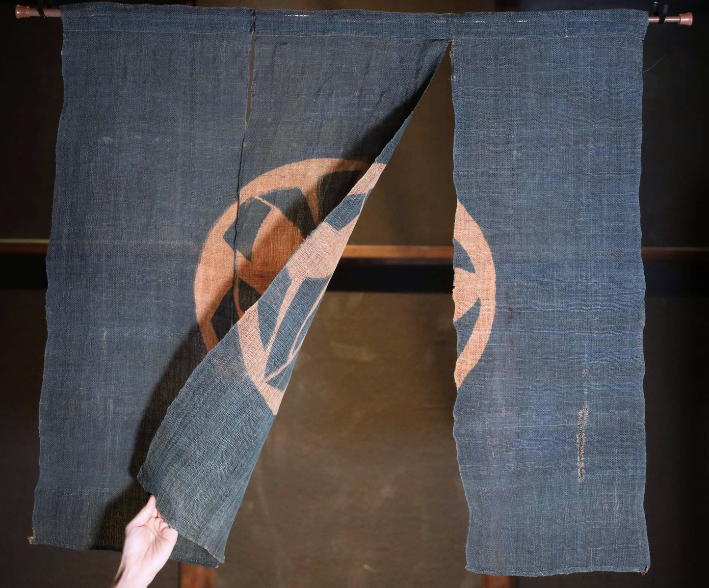 Antique Japanese Linen Noren – Indigo Crest Room Divider, Edo Era Textile Art, Japandi interior