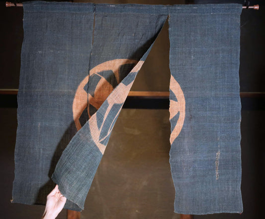 Antique Japanese Linen Noren – Indigo Crest Room Divider, Edo Era Textile Art, Japandi interior