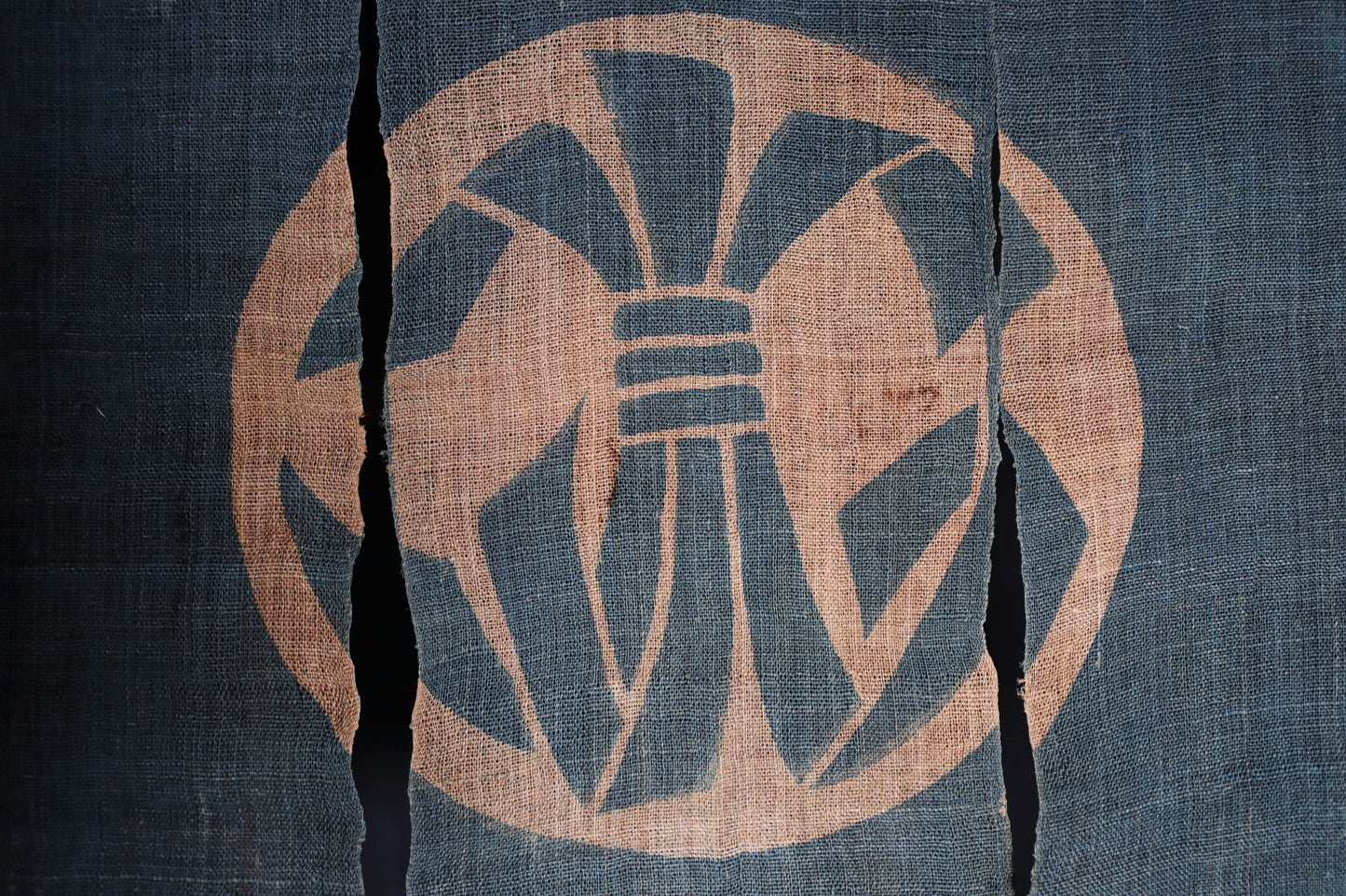 Antique Japanese Linen Noren – Indigo Crest Room Divider, Edo Era Textile Art, Japandi interior
