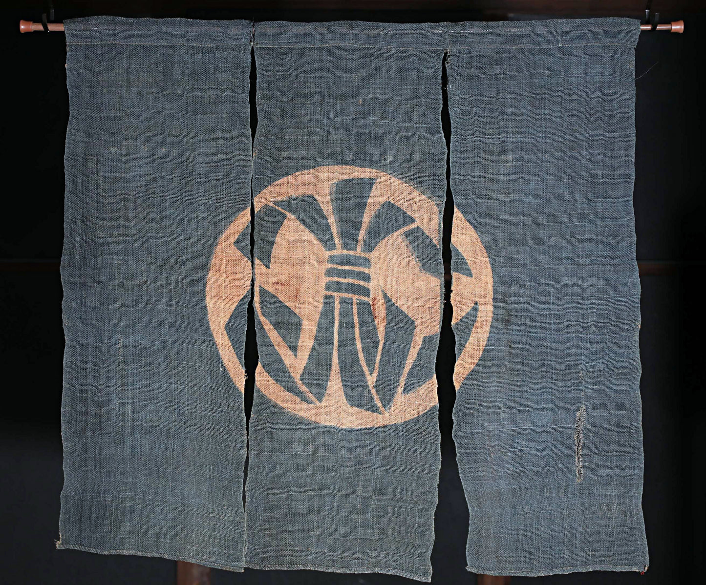 Antique Japanese Linen Noren – Indigo Crest Room Divider, Edo Era Textile Art, Japandi interior