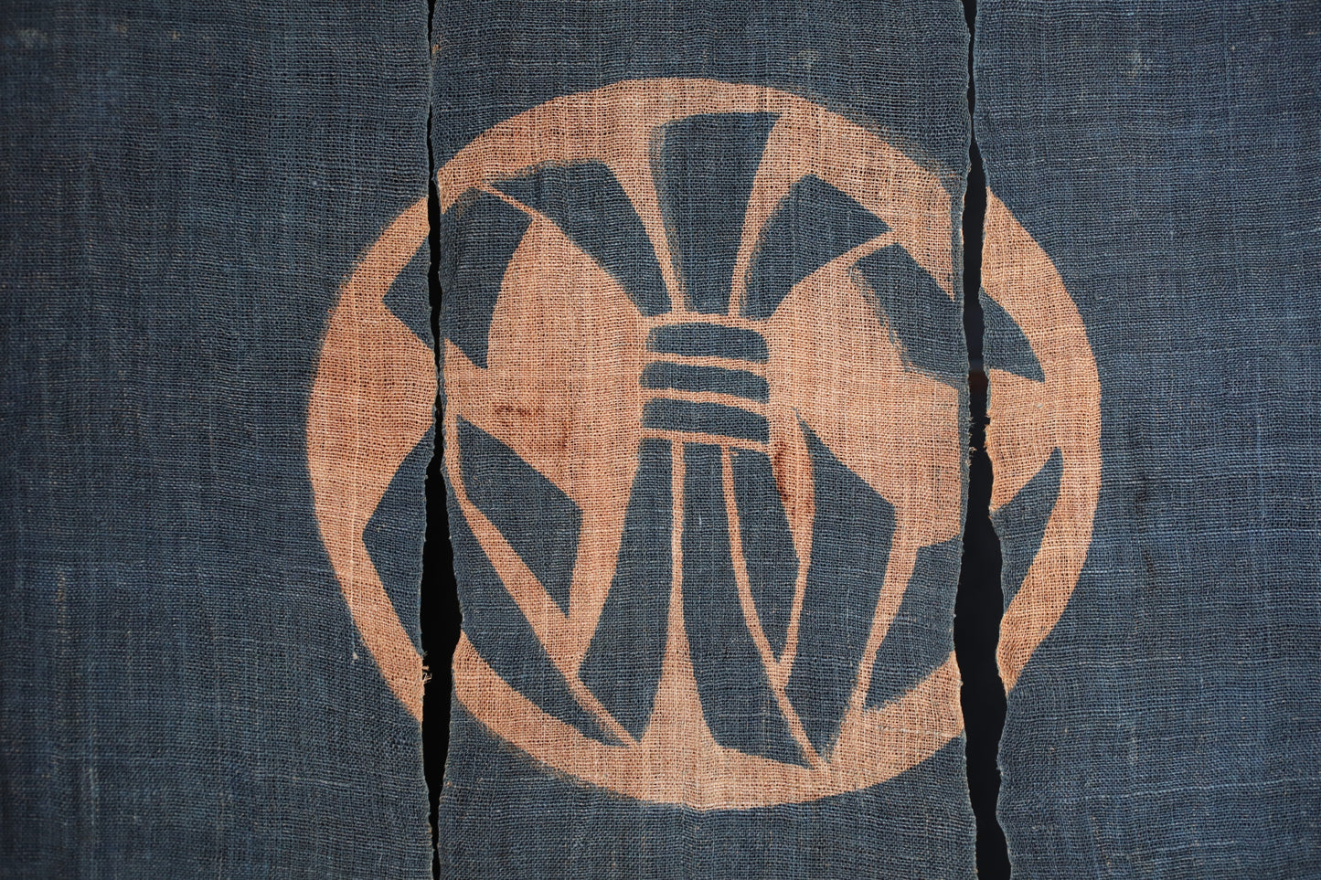 Antique Japanese Linen Noren – Indigo Crest Room Divider, Edo Era Textile Art, Japandi interior