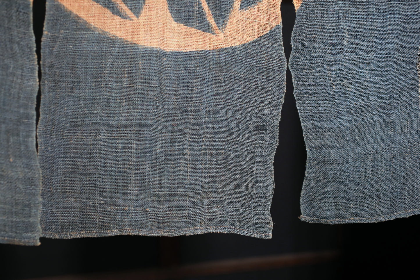 Antique Japanese Linen Noren – Indigo Crest Room Divider, Edo Era Textile Art, Japandi interior