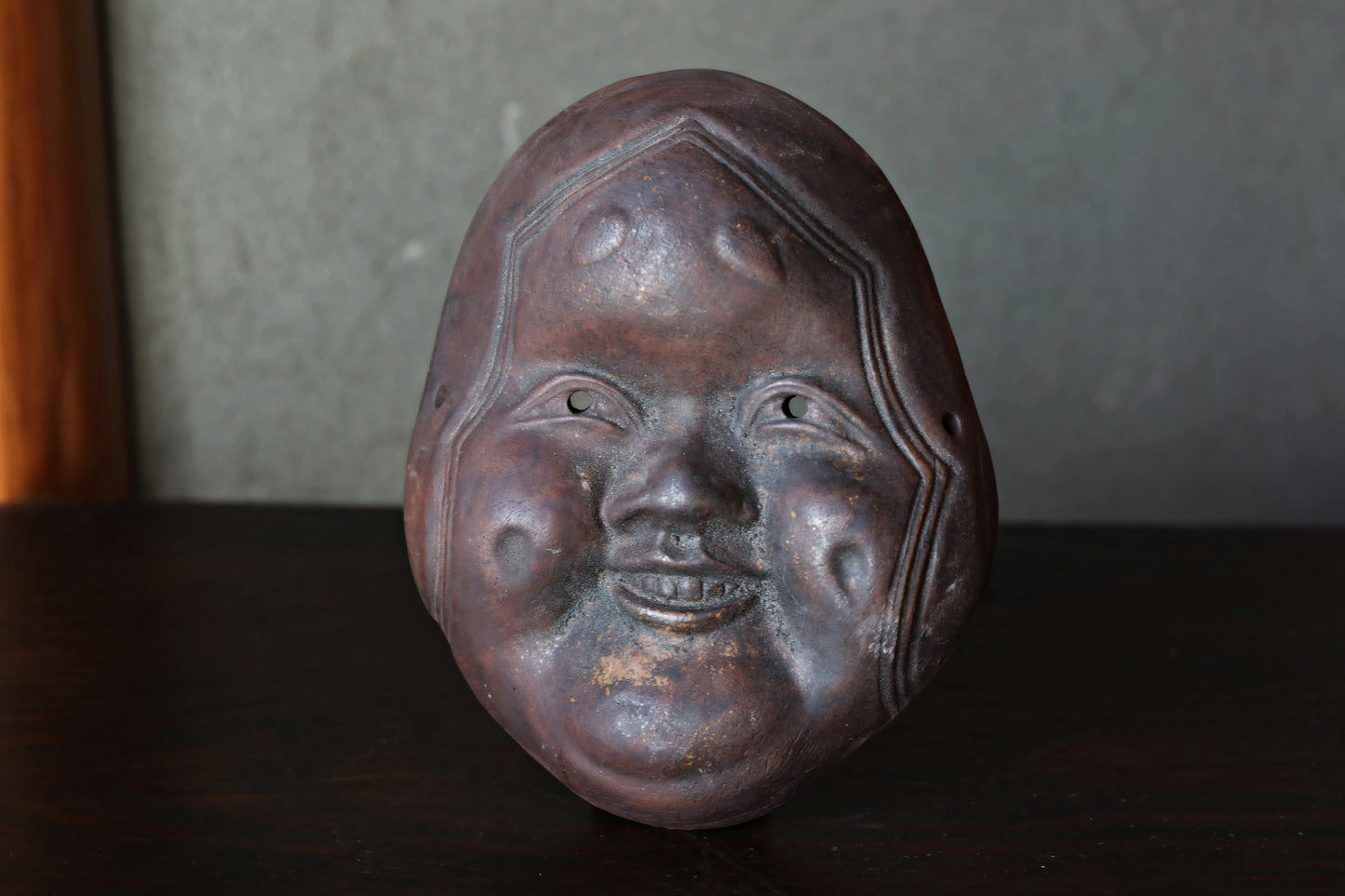 Antique Bizen Ware Otafuku Mask, Japanese Ceramic Wall Decor, Joy Prosperity Symbol