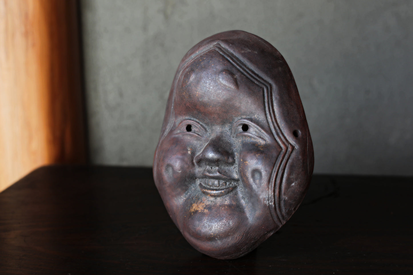 Antique Bizen Ware Otafuku Mask, Japanese Ceramic Wall Decor, Joy Prosperity Symbol