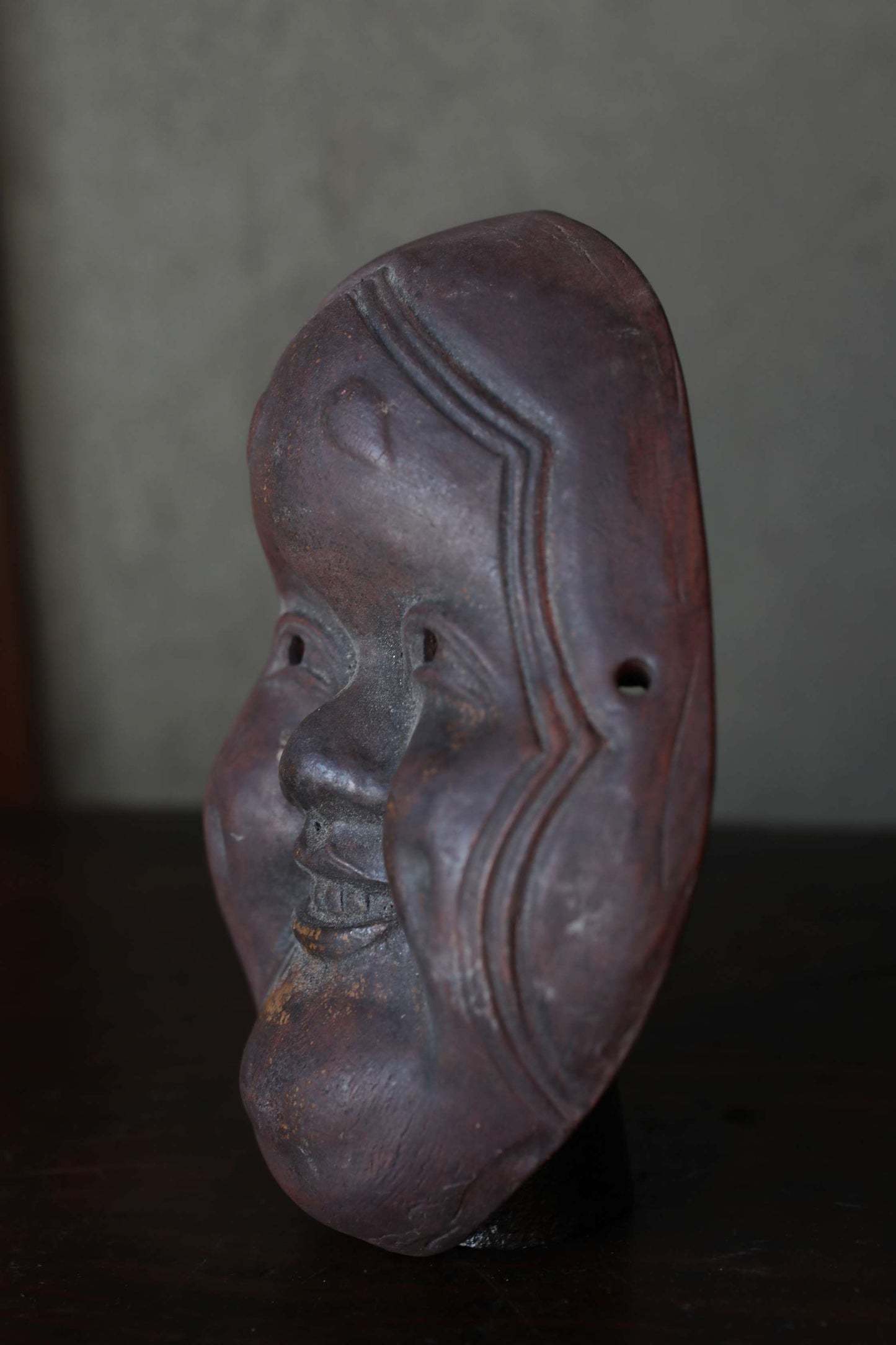 Antique Bizen Ware Otafuku Mask, Japanese Ceramic Wall Decor, Joy Prosperity Symbol