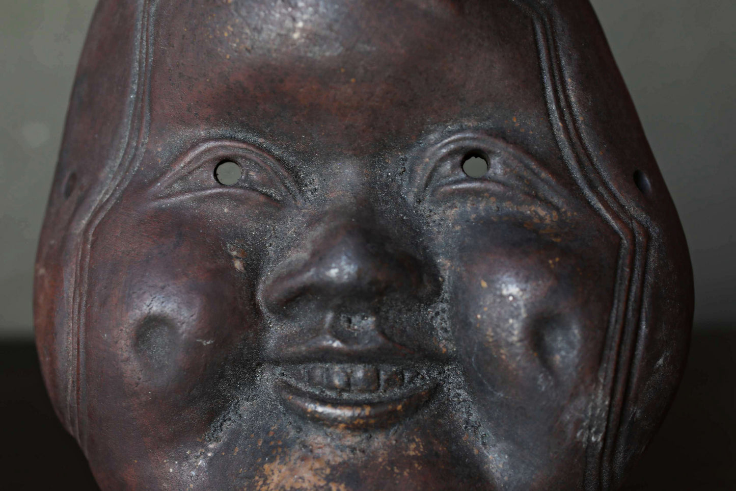 Antique Bizen Ware Otafuku Mask, Japanese Ceramic Wall Decor, Joy Prosperity Symbol