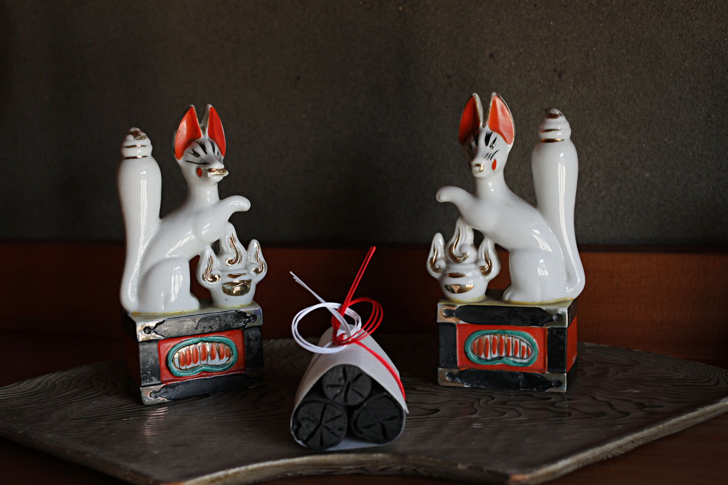 Shinto- Kitsune Vintage Japanese Porcelain Fox Dolls, Shrine Altar Art H7.1in/H18cm
