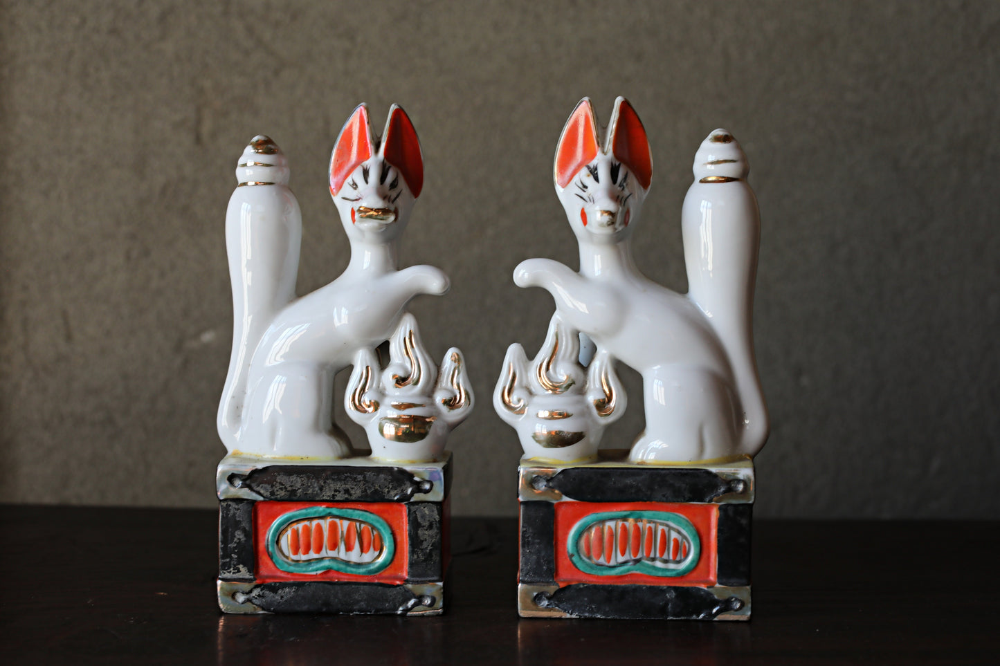 Shinto- Kitsune Vintage Japanese Porcelain Fox Dolls, Shrine Altar Art H7.1in/H18cm