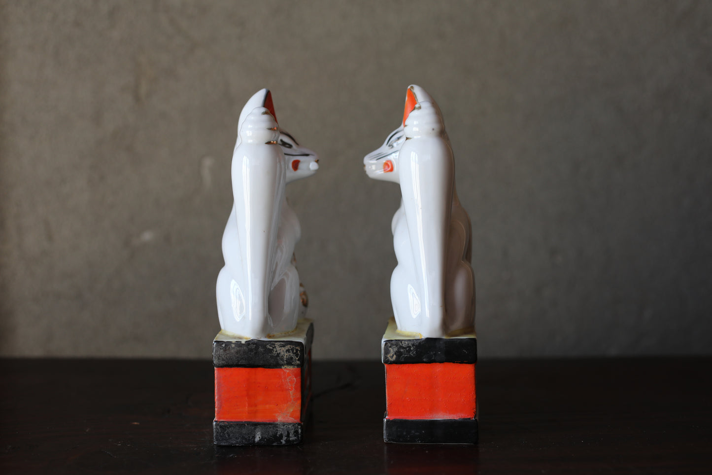 Shinto- Kitsune Vintage Japanese Porcelain Fox Dolls, Shrine Altar Art H7.1in/H18cm
