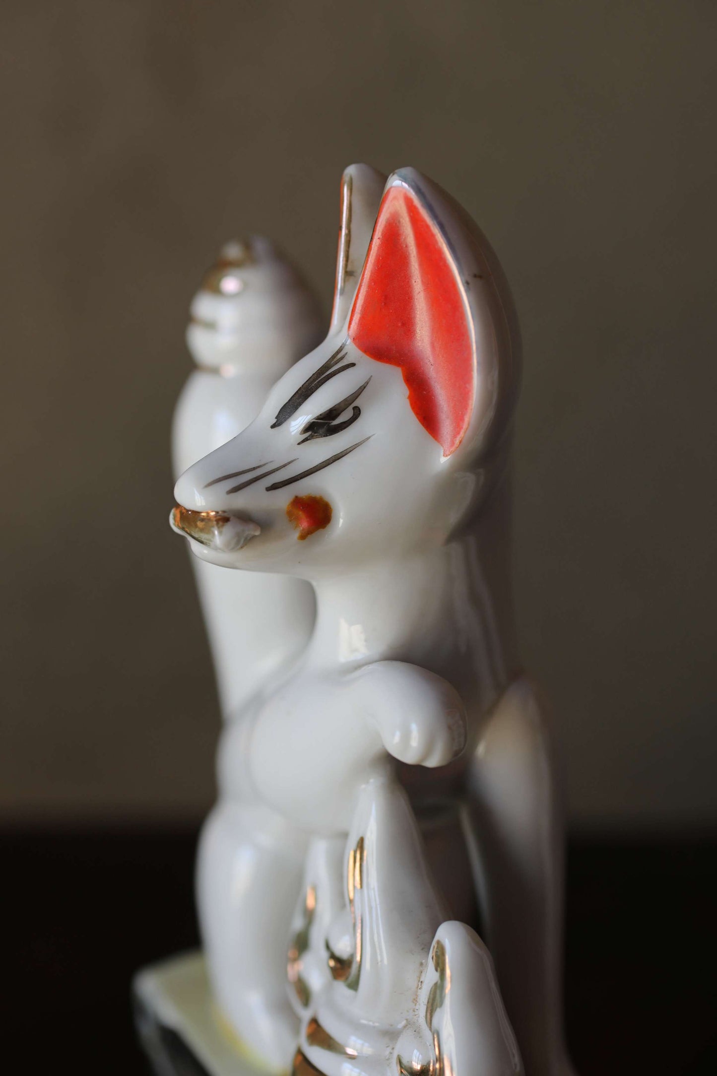 Shinto- Kitsune Vintage Japanese Porcelain Fox Dolls, Shrine Altar Art H7.1in/H18cm