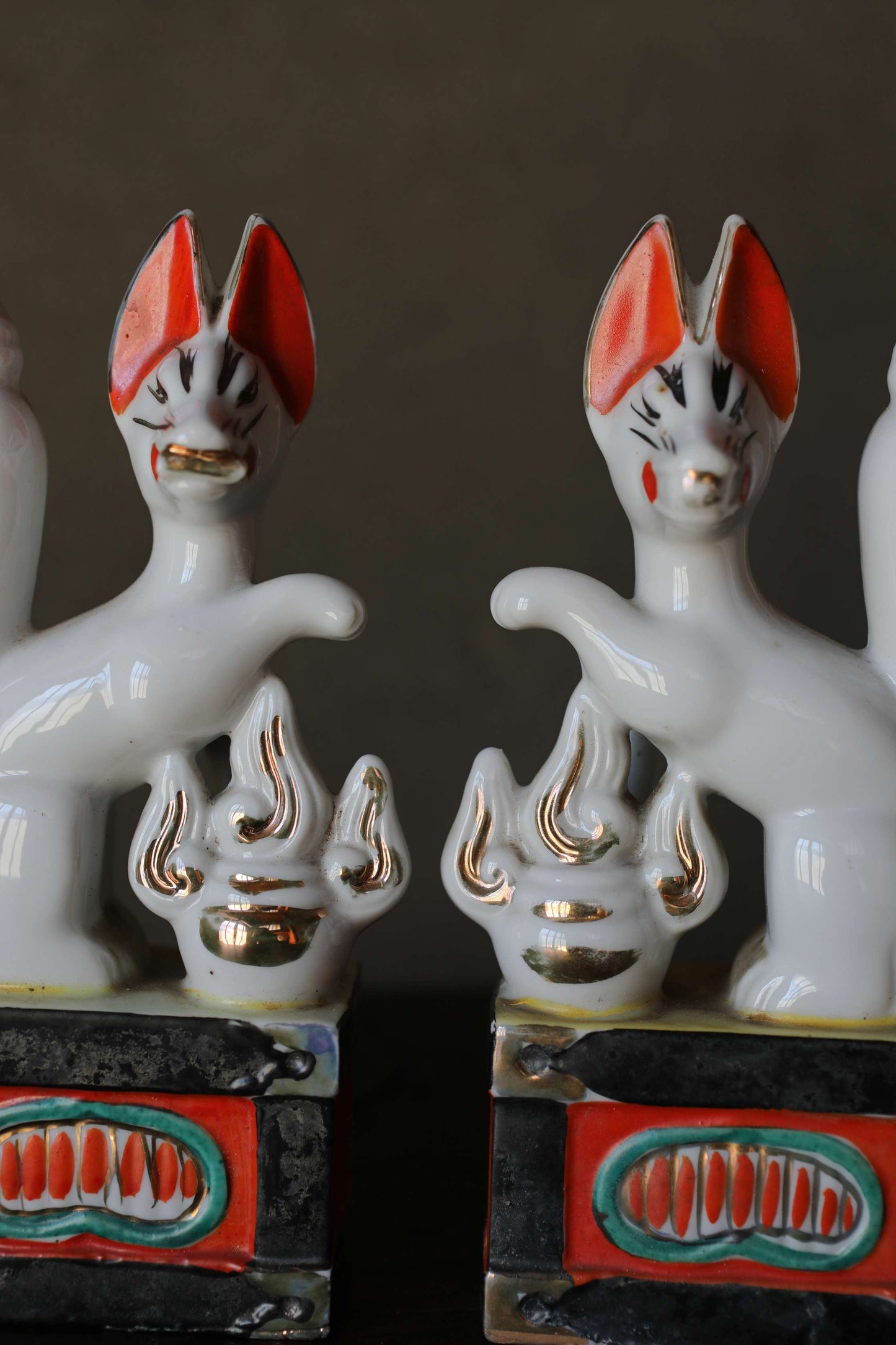 Shinto- Kitsune Vintage Japanese Porcelain Fox Dolls, Shrine Altar Art H7.1in/H18cm