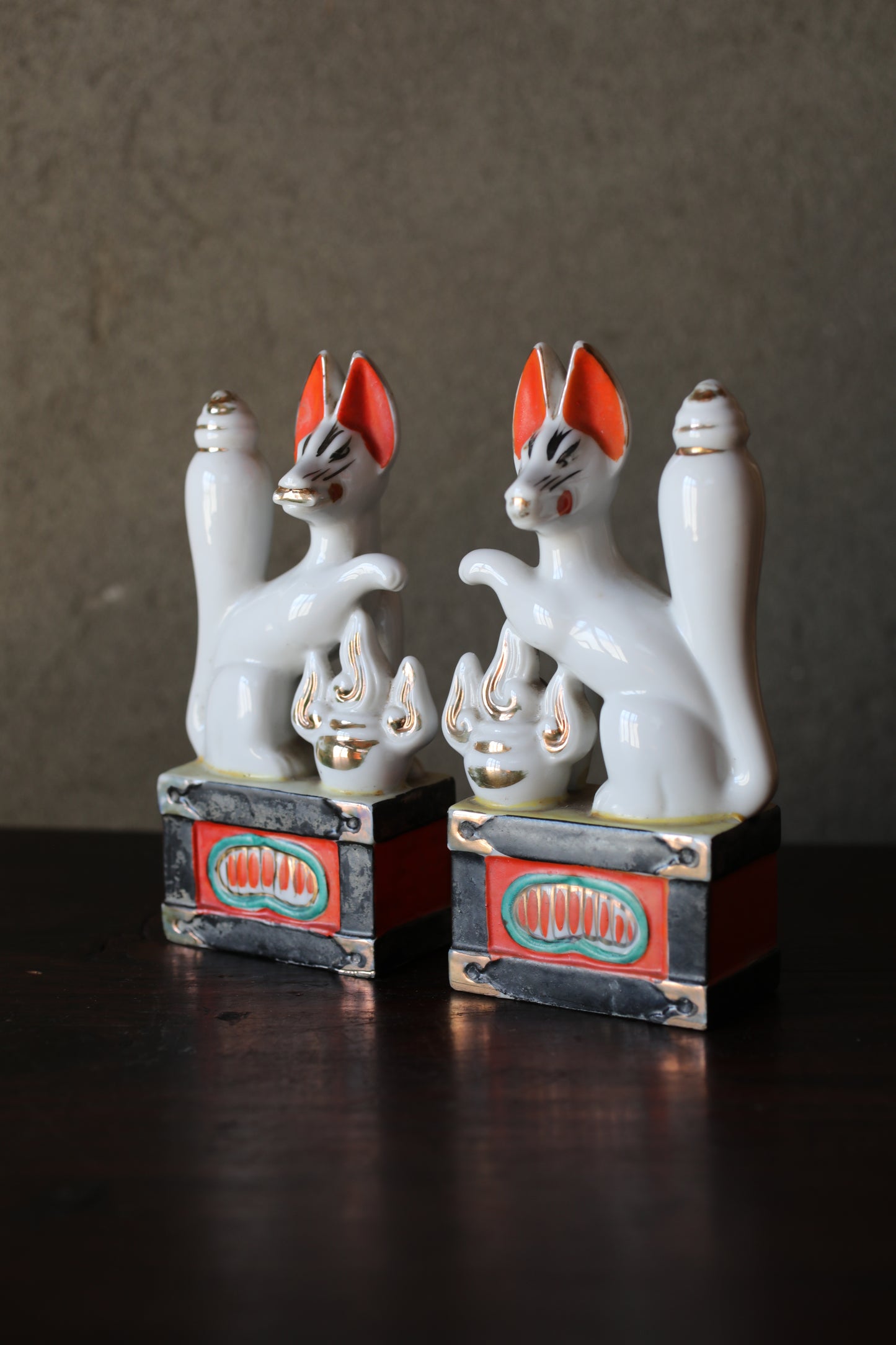 Shinto- Kitsune Vintage Japanese Porcelain Fox Dolls, Shrine Altar Art H7.1in/H18cm