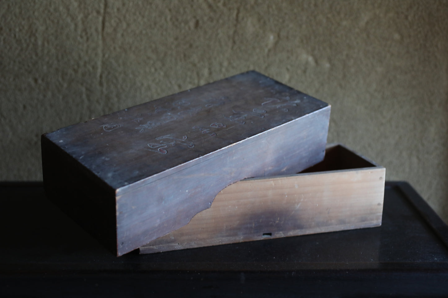 Antique box with caved Kanji calligraphy wood hand craft