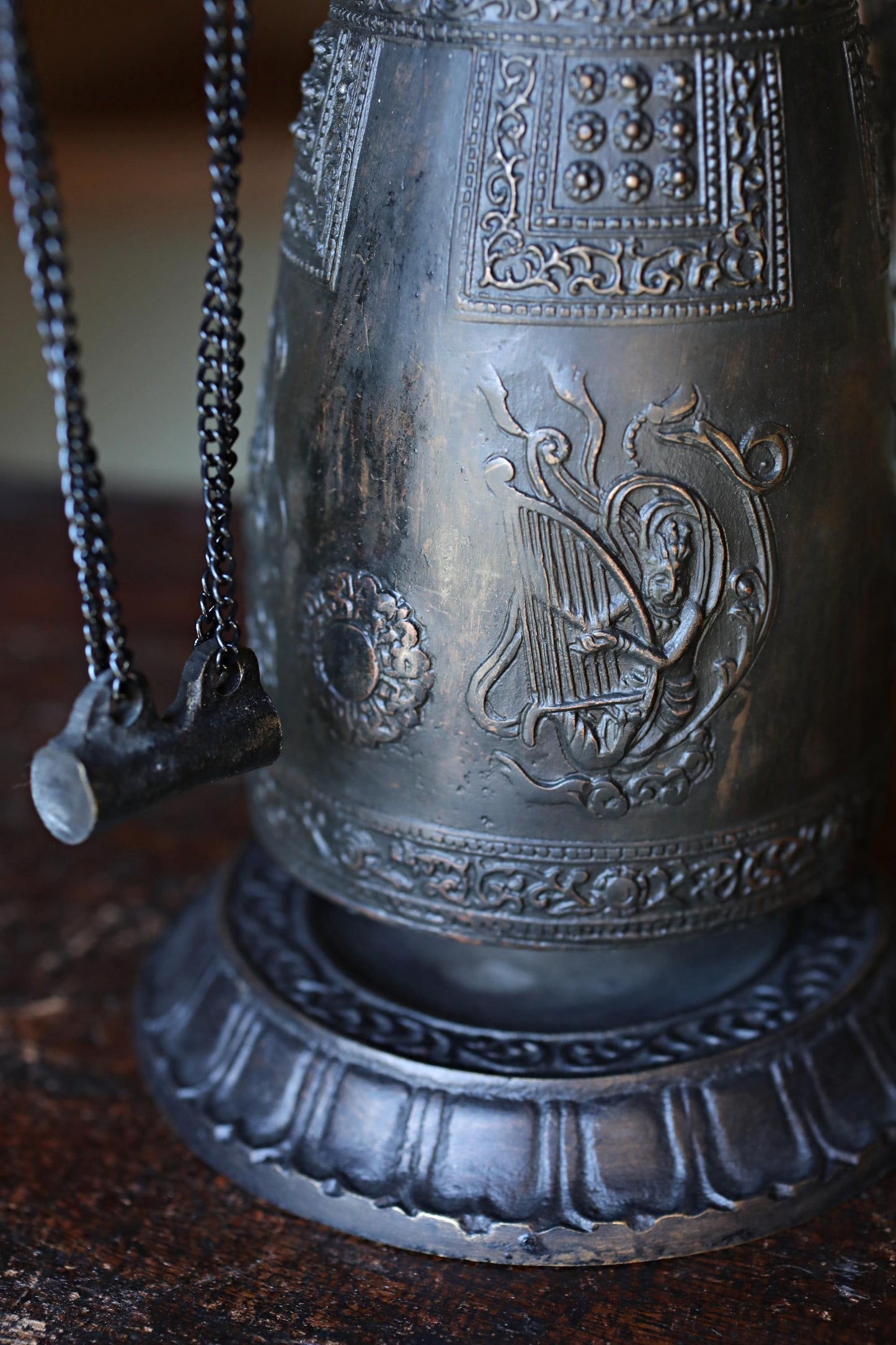 Japanese Bronze Temple Bell – Vintage Altar Gong With Dragon Stand & Striker