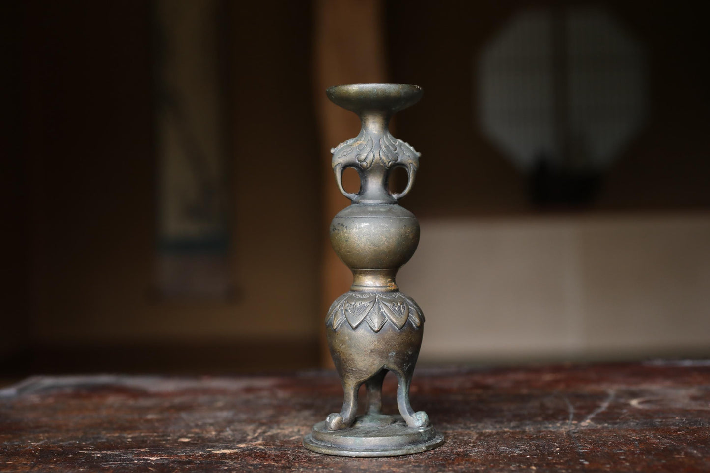 Antique Brass Candlestick - Japanese Cast Metal Elephant Motif | Buddhist Altar Decor