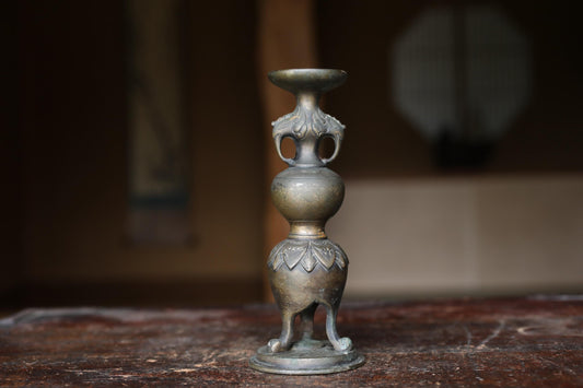 Antique Brass Candlestick - Japanese Cast Metal Elephant Motif | Buddhist Altar Decor