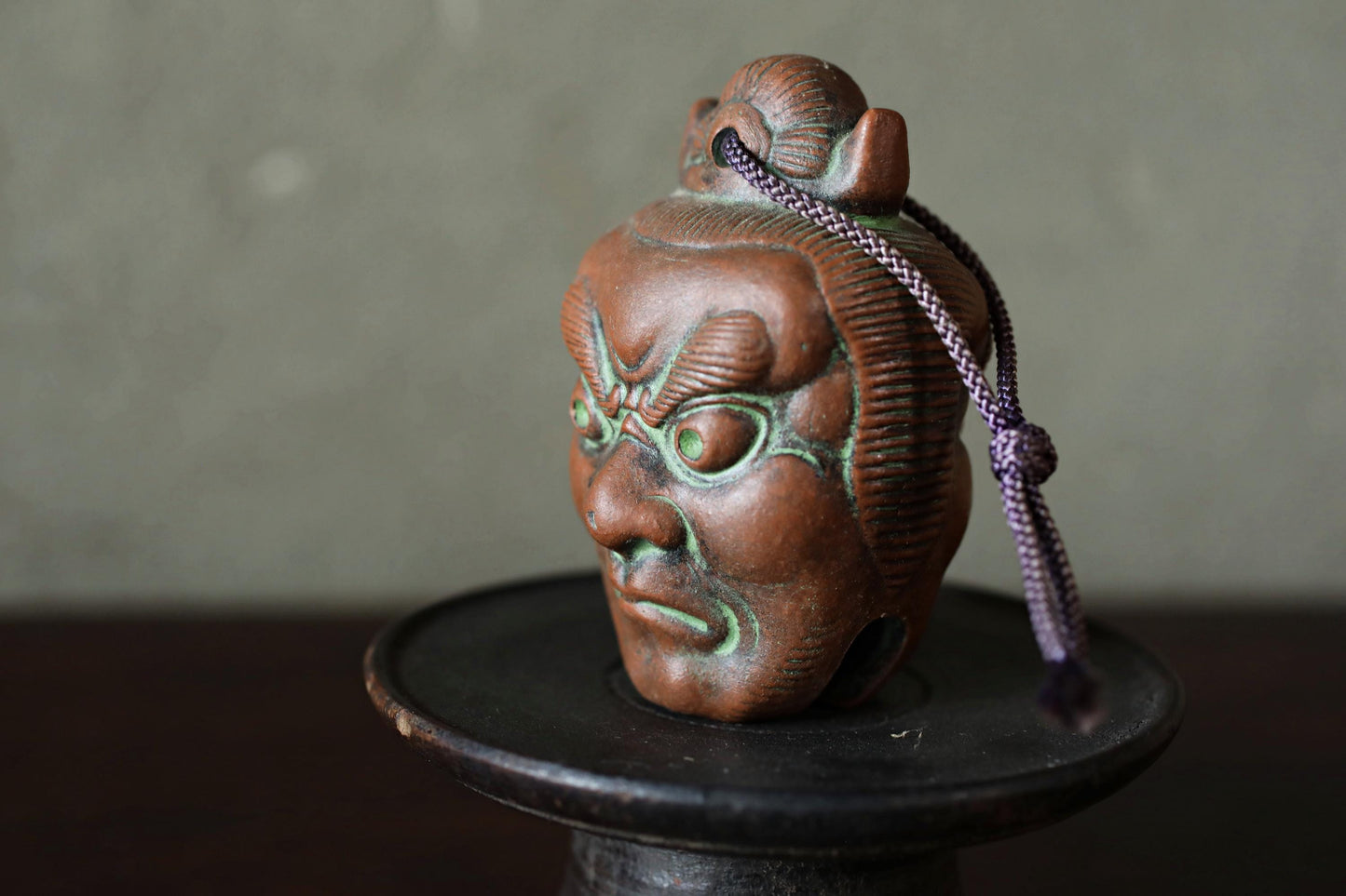 Japanese Oni Pottery Bell - Vintage Demon Figurine & Traditional Talisman Ornament