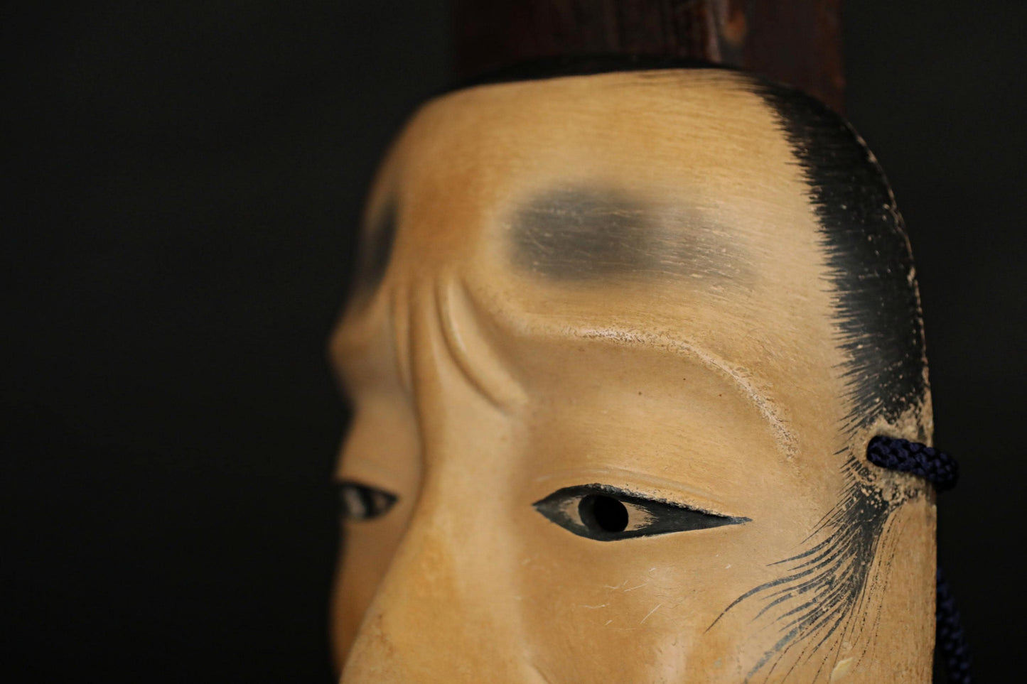 Antique Japanese Noh Mask - Chujo Samurai Hand Carved Wood Carving Art with Silk Bag