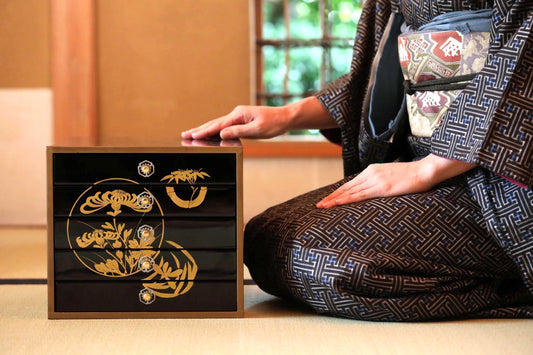 Vintage Tansu Chest - Black Lacquer Chest With Gold Makie Design | Five Drawer Japanese Antique Furniture
