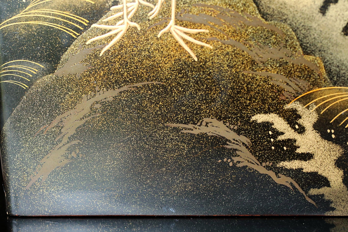 The image is a close-up of a black and gold surface with intricate patterns and designs, including gold lines and shapes that create a sense of depth and texture.