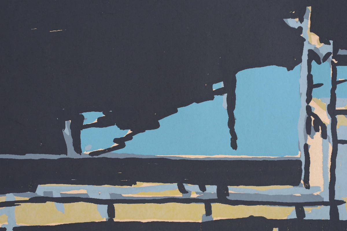 The image is an abstract painting with a dark background and a blue and black color scheme. The painting features various shapes and lines, creating a dynamic and visually striking composition.