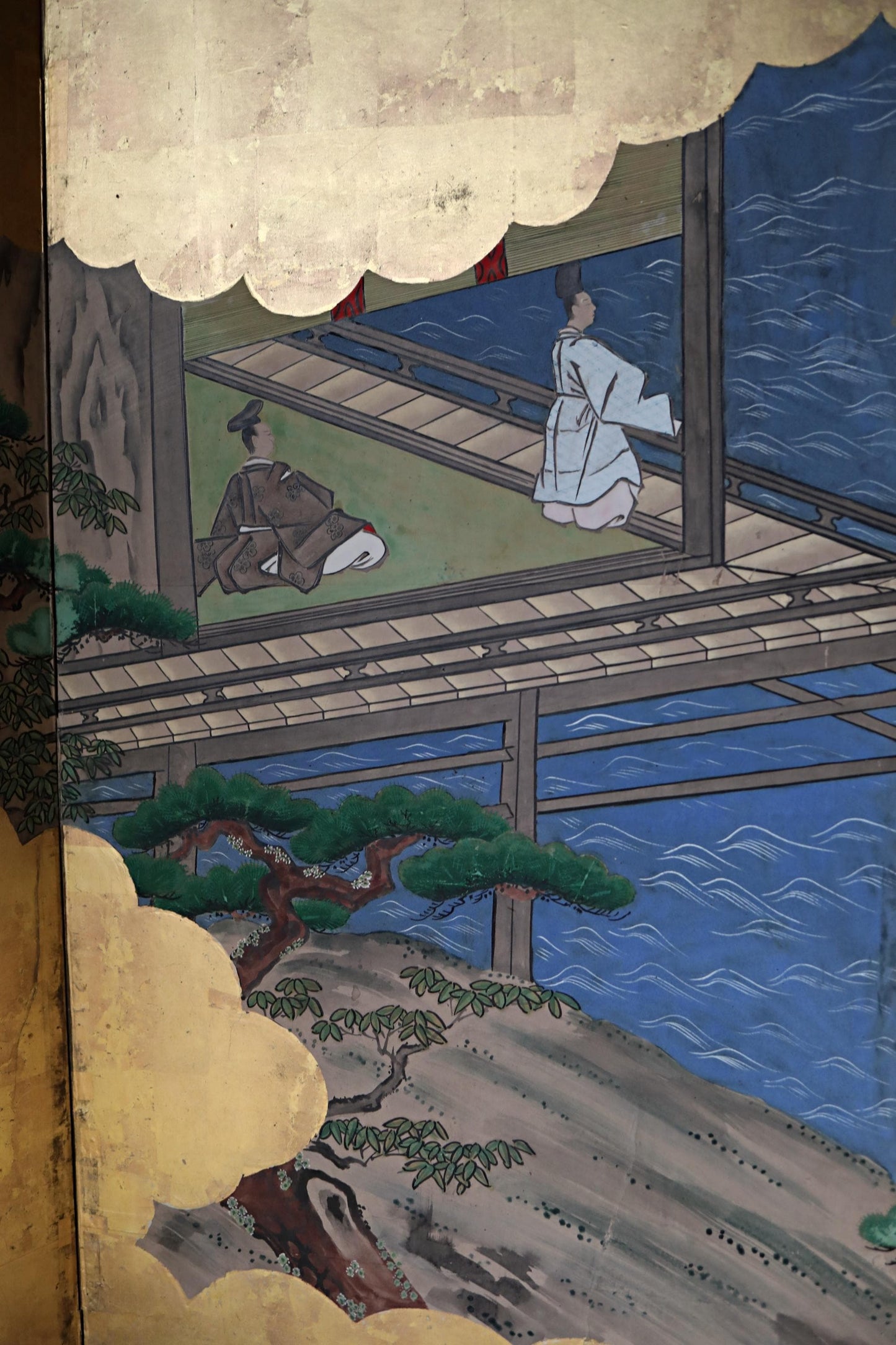 Japanese Antique Byobu Screen - Hand Painted Gold Leaf Folding Screen Artwork