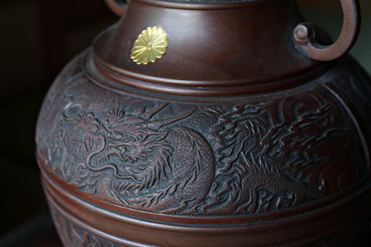 Japanese Bronze Vase – Vintage Dragon Phoenix Relief | Takaoka Copper Art 1950s