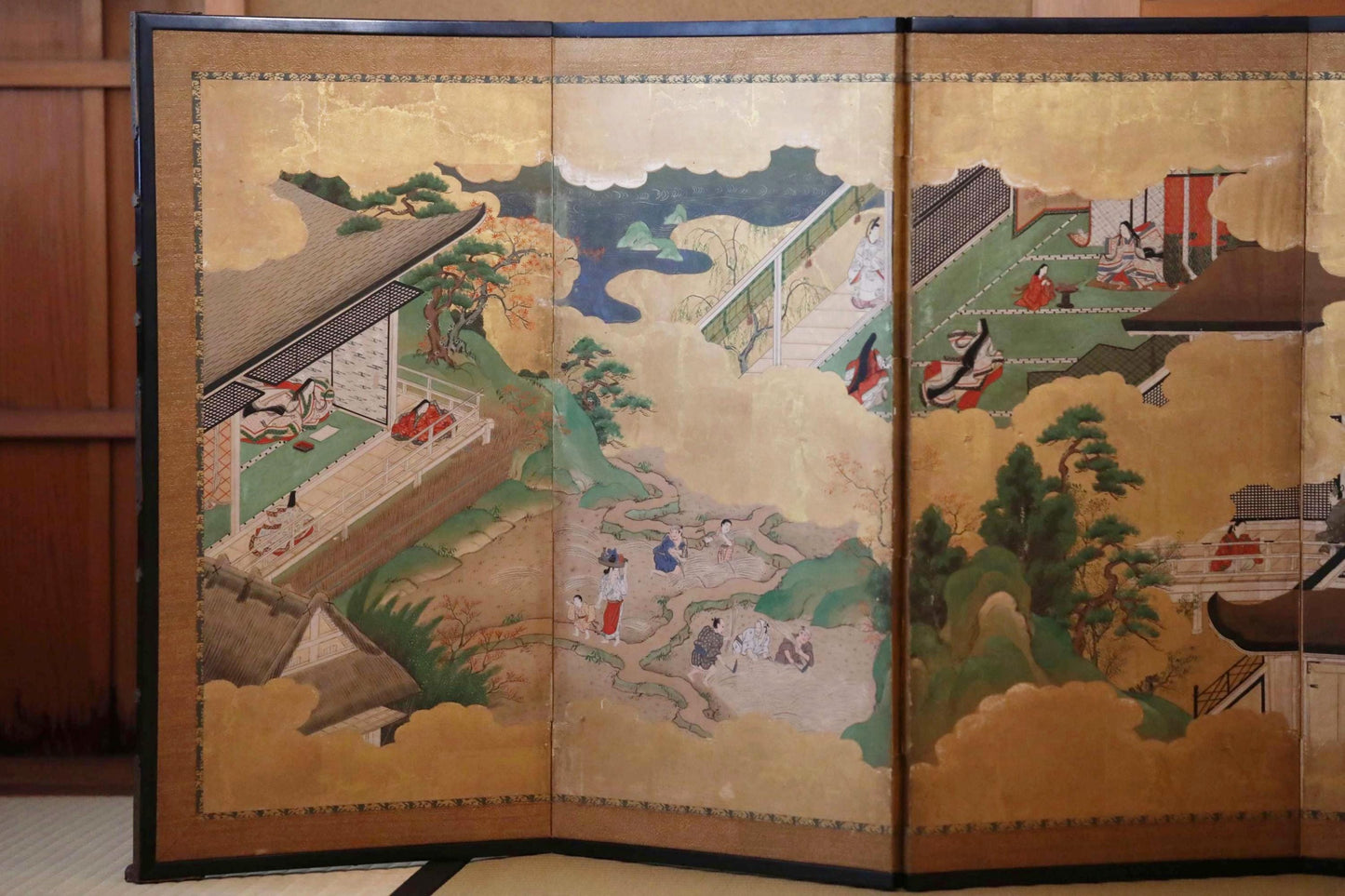 Japanese Antique Byobu Folding Screen - Tale of Genji Art, Gold & Silver Leaf, 17th Century Paravent